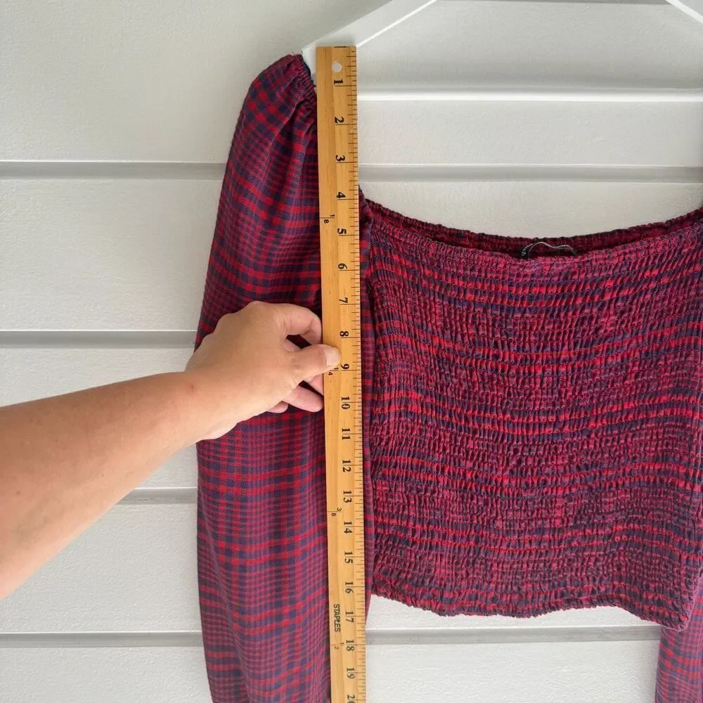 Abercrombie & Fitch Plaid Cropped Fitted Waist Balloon Sleeve Blouse Top Medium